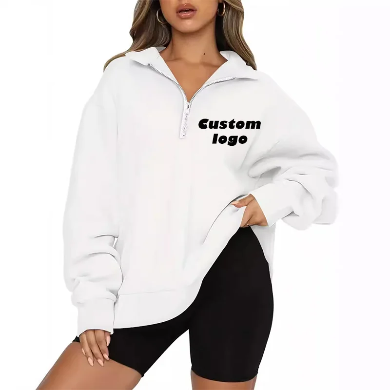 Custom LOGO Women\'s Stand Collar Pullover Simple Unprinted Zipper Sweatshirt Casual Loose Sportswear Hoodie Street Style Women