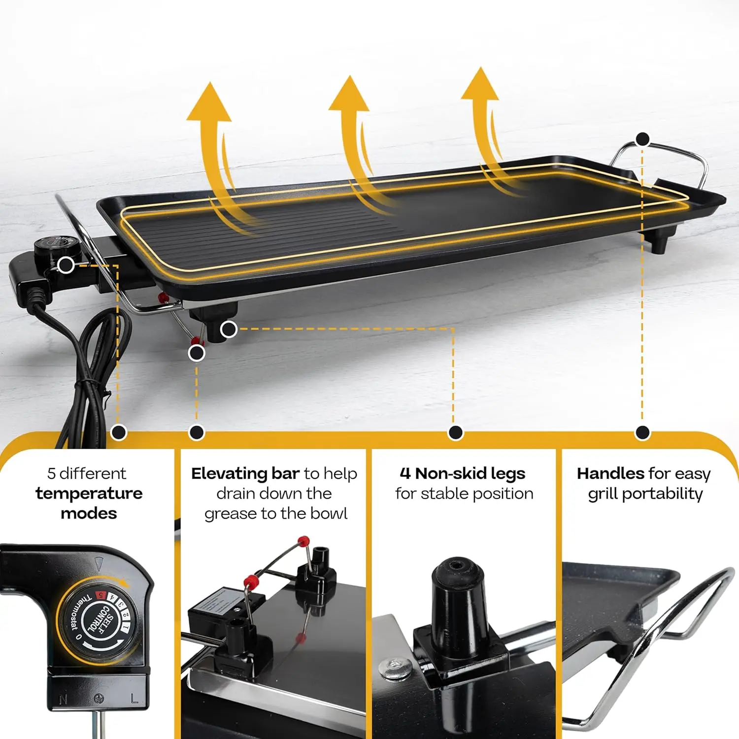 شواية داخلية بدون دخاني - شواية كهربائية محمولة وغير لاصقة للاستخدام الخارجي - شواية كهربائية كبيرة غير لاصقة مع قابلة للتعديل
