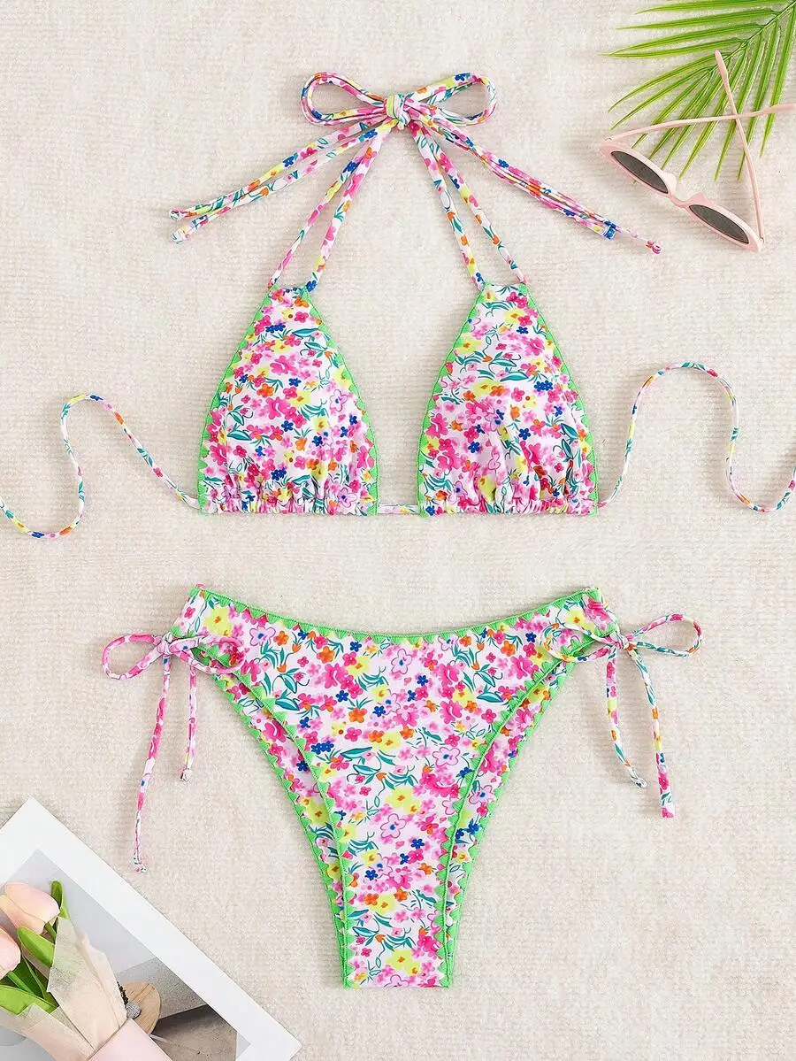 

Floral Print Tie-Up Bikini Set With Shell Edge Trim Summer Beach Swimwear