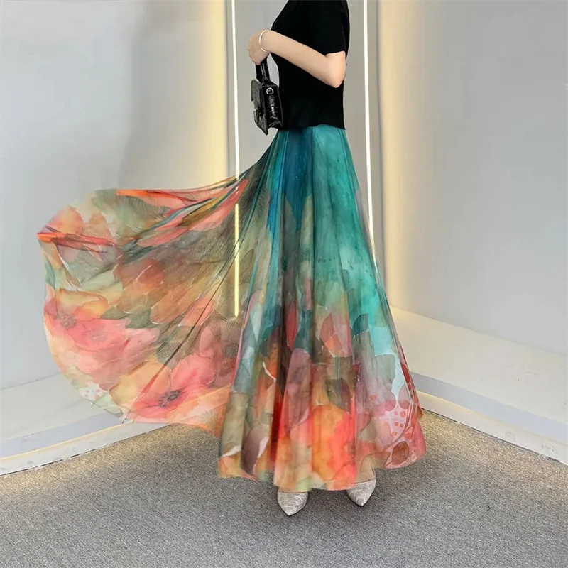 2025 New Skirt Women's Long Skirt  High Waist A-line large Swing kirt Female Printing Skirts Summer High Quality Mesh Skirt