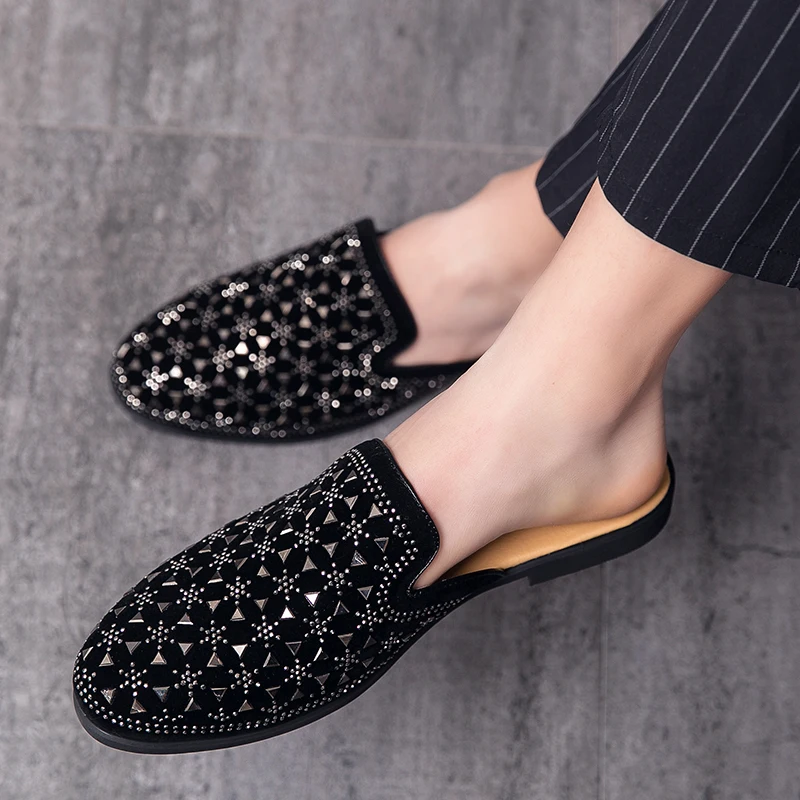 

Fashionable Half Slippers Colorful Diamond New Heel Free Lazy Bean Shoes Men's Shoes Black Size 38-44 Men's Shoes