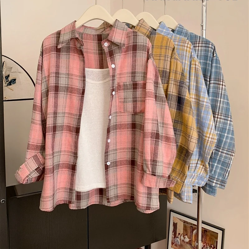 

Повседневная клетчатая рубашка для женщин, рубашки в клетку с длинным рукавом и воротником на пуговицах, блузки, весна-лето 2026, наряд выходного дня