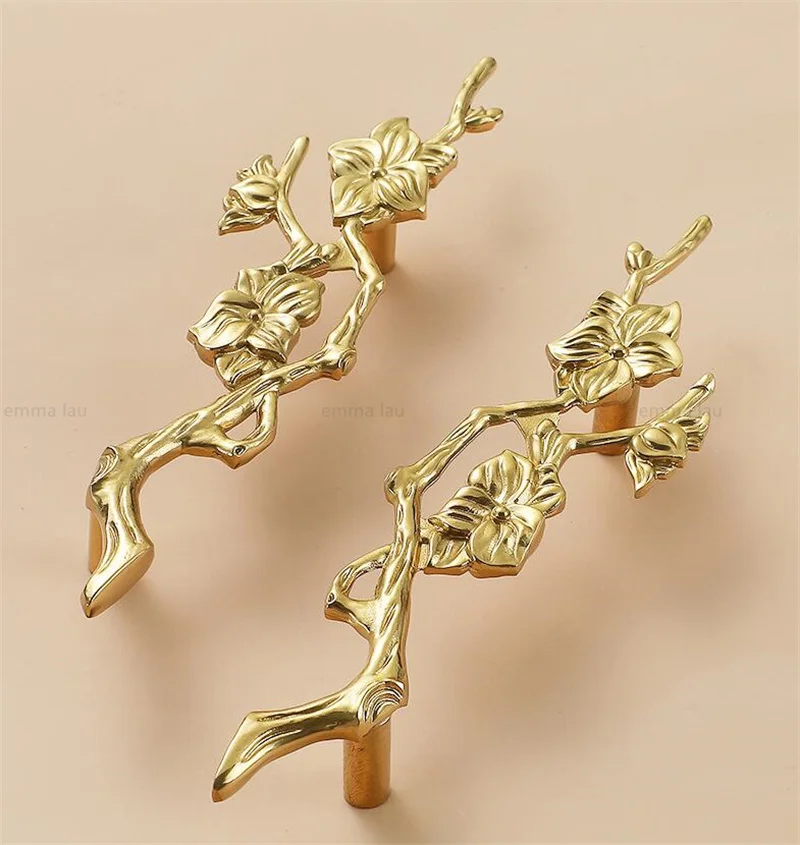 Gold Furniture Door Handle Drawer Knobs Solid Brass Bamboo Feather Handles For Kitchen Cabinet Door Cupboard Wardrobe Pulls