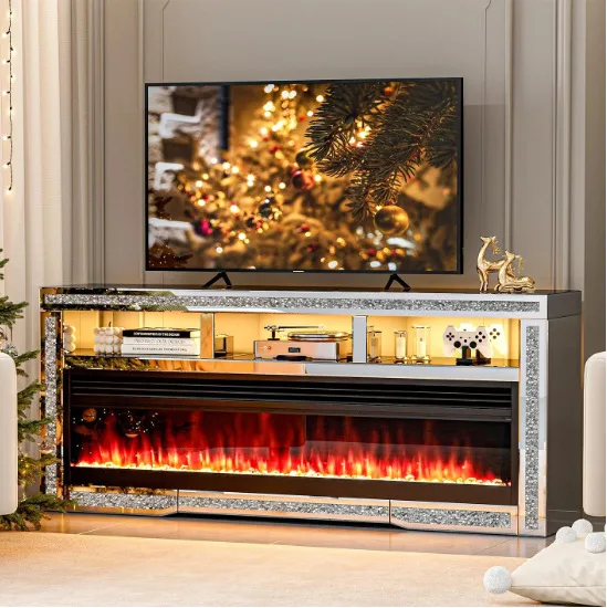 

Overseas hot-selling fireplace TV cabinet panel furniture media TV cabinet diamond decorative electric fireplace TV stand