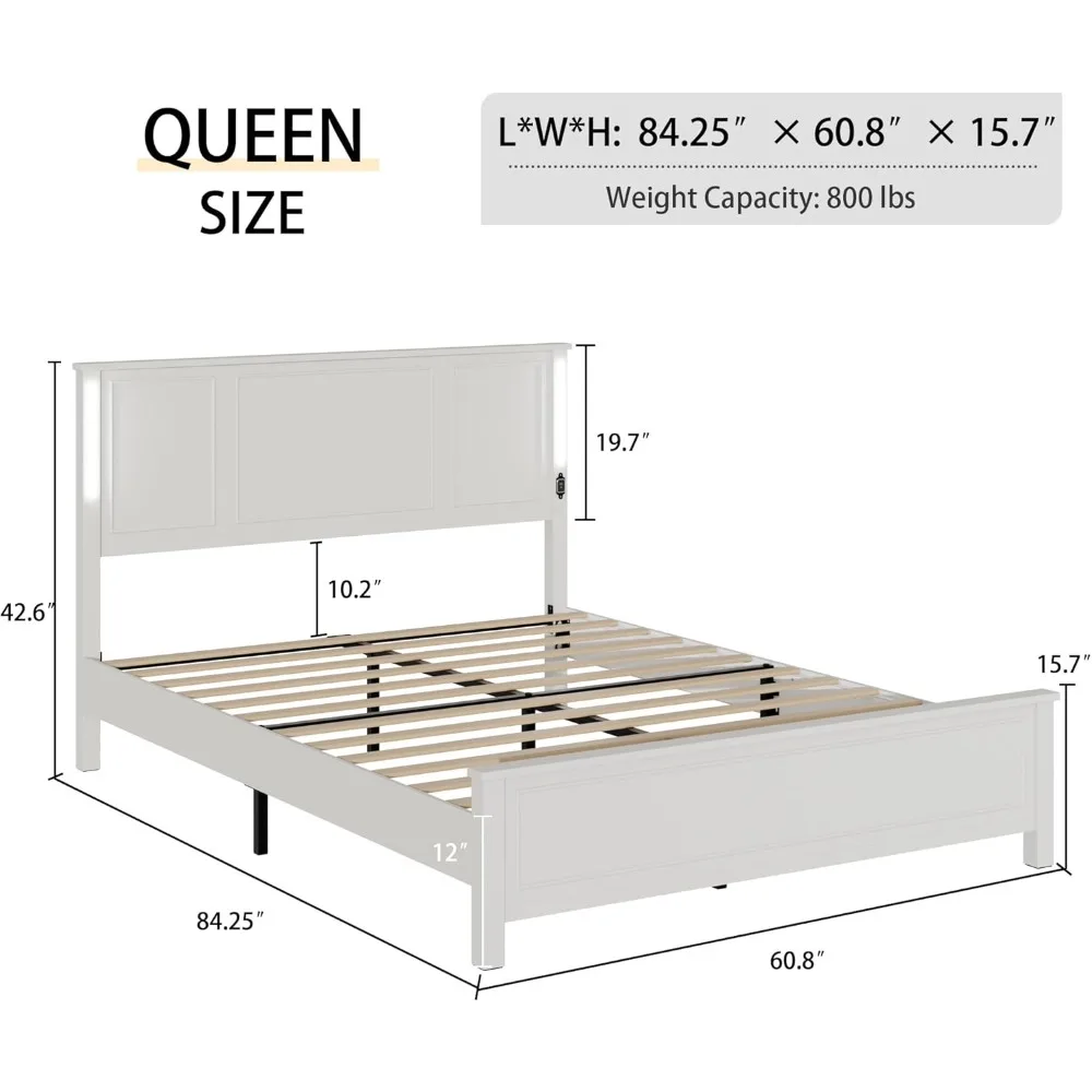 bedstead. White Wooden Bed Frame Queen Size with Headboard, Platform Bedframe with Charging Station Led Lights84