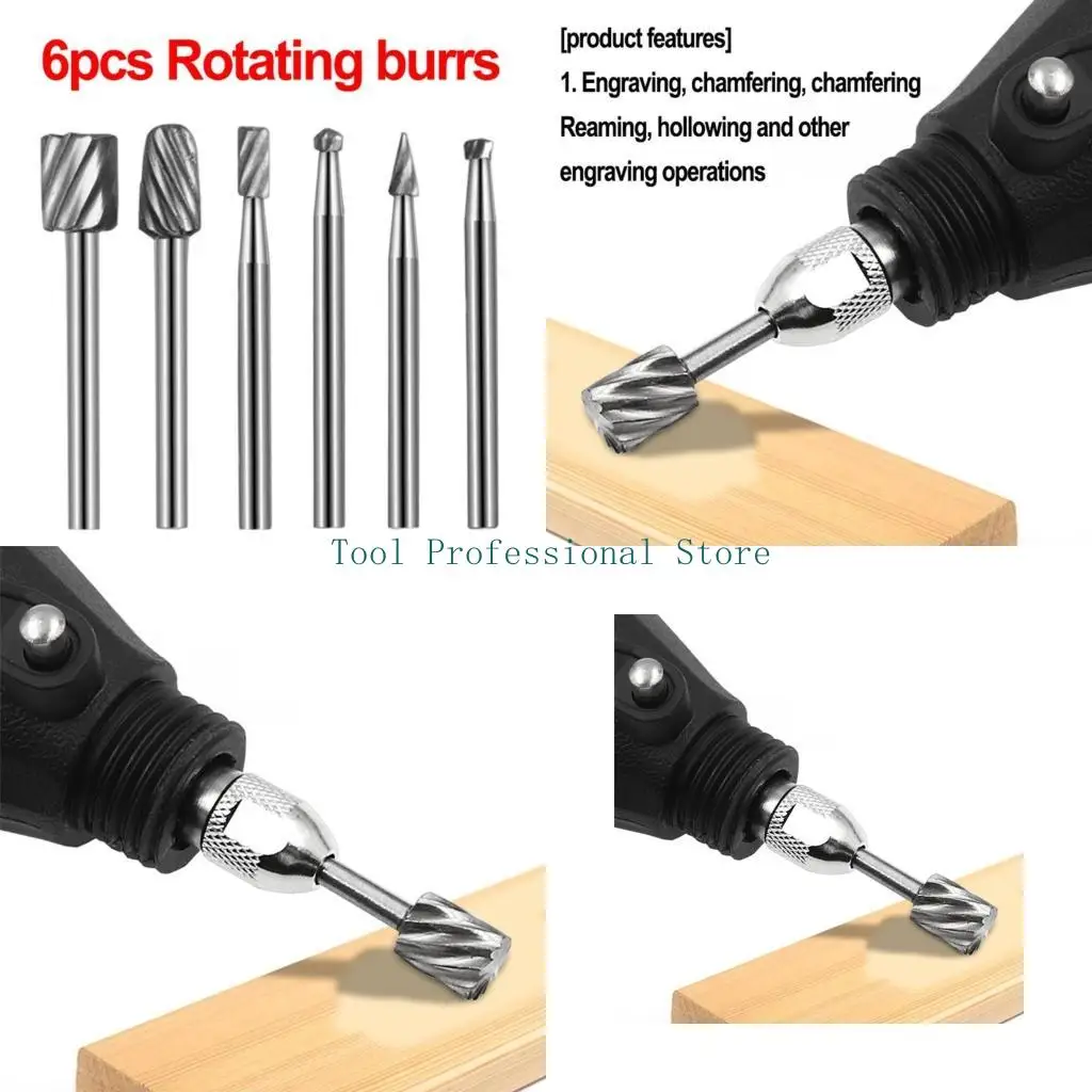 

57QF Pack of 6 Carbides Burr Set 3mm Shank Cut Carbides Rotary File Cutting Burs Tool Rotary Drill Die Grinder Bit Woodwork