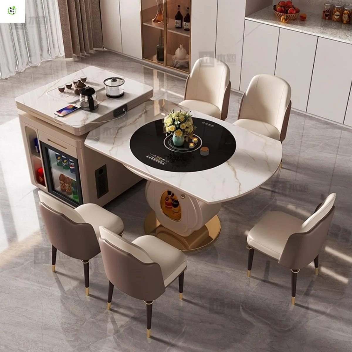Island Dining Table Combination, Retractable Intelligent Turntable, Light Luxury Multi-functional Steel Tea And Dining Chair Set