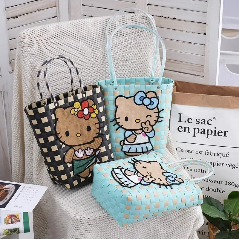 Sanrio Hello Kitty Woven Basket Bag Cute Embroidery PVC Handbags High Capacity Shoulder Tote Bags Beach Vacation Bags For Women