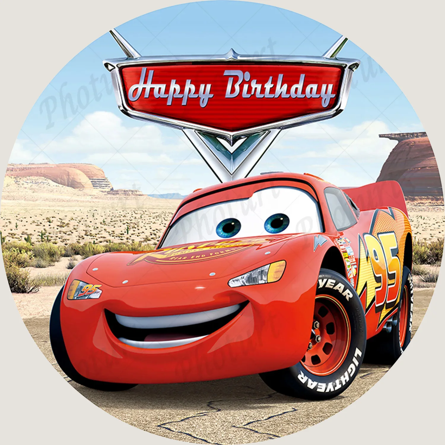 Round Disney Cars Mcqueen Backdrop Birthday Party Background Circle Red Lightning Racing Car Vinyl Photography Decor Props