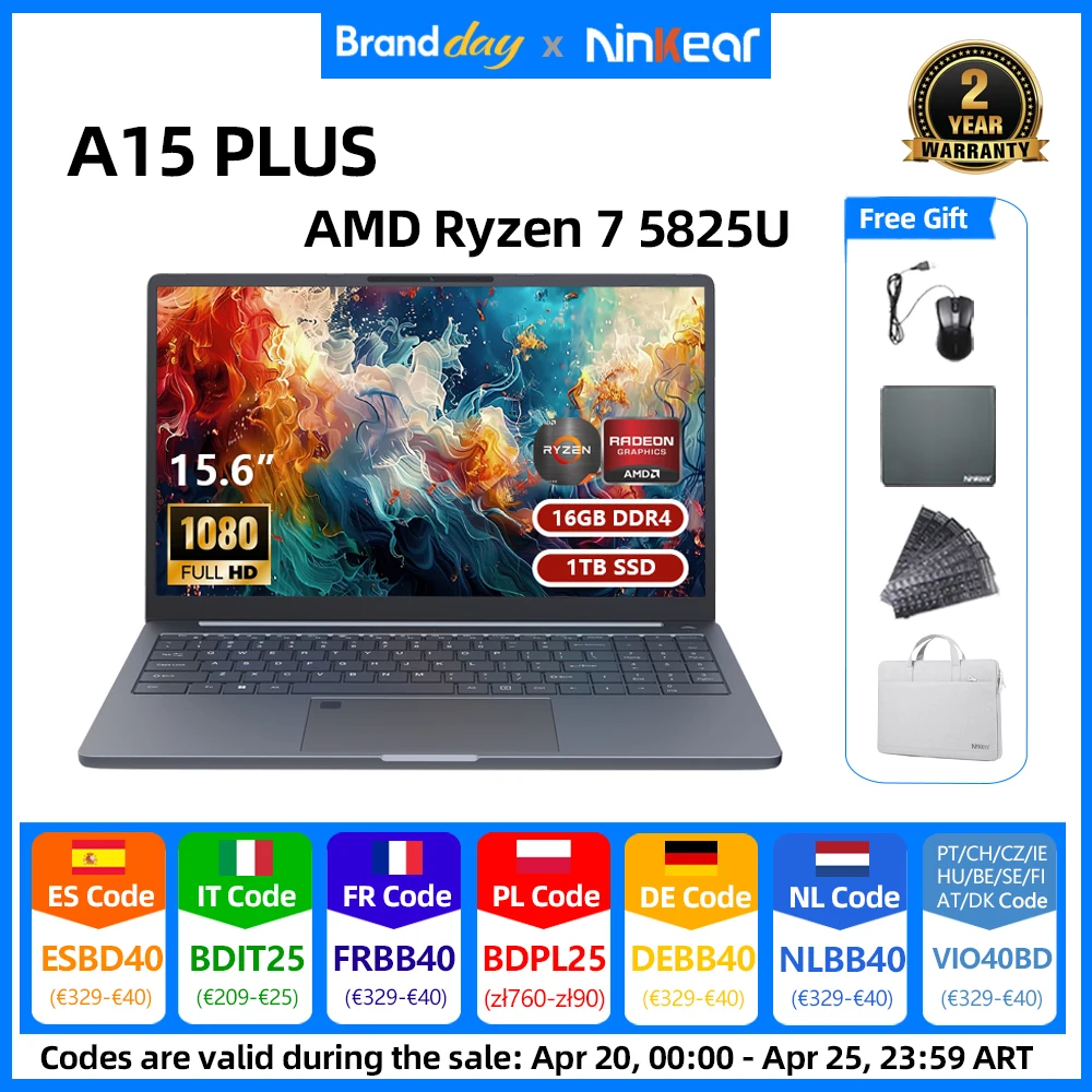 Ordenador Portátil Ninkear A15 Plus 15.6 Pulgadas Pantalla FHD IPS AMD Ryzen 7 5825U 16GB DDR4 1TB SSD WiFi 6 Windows 11 Pro Office Notebook Portátil Gaming para Oficina Estudiante
