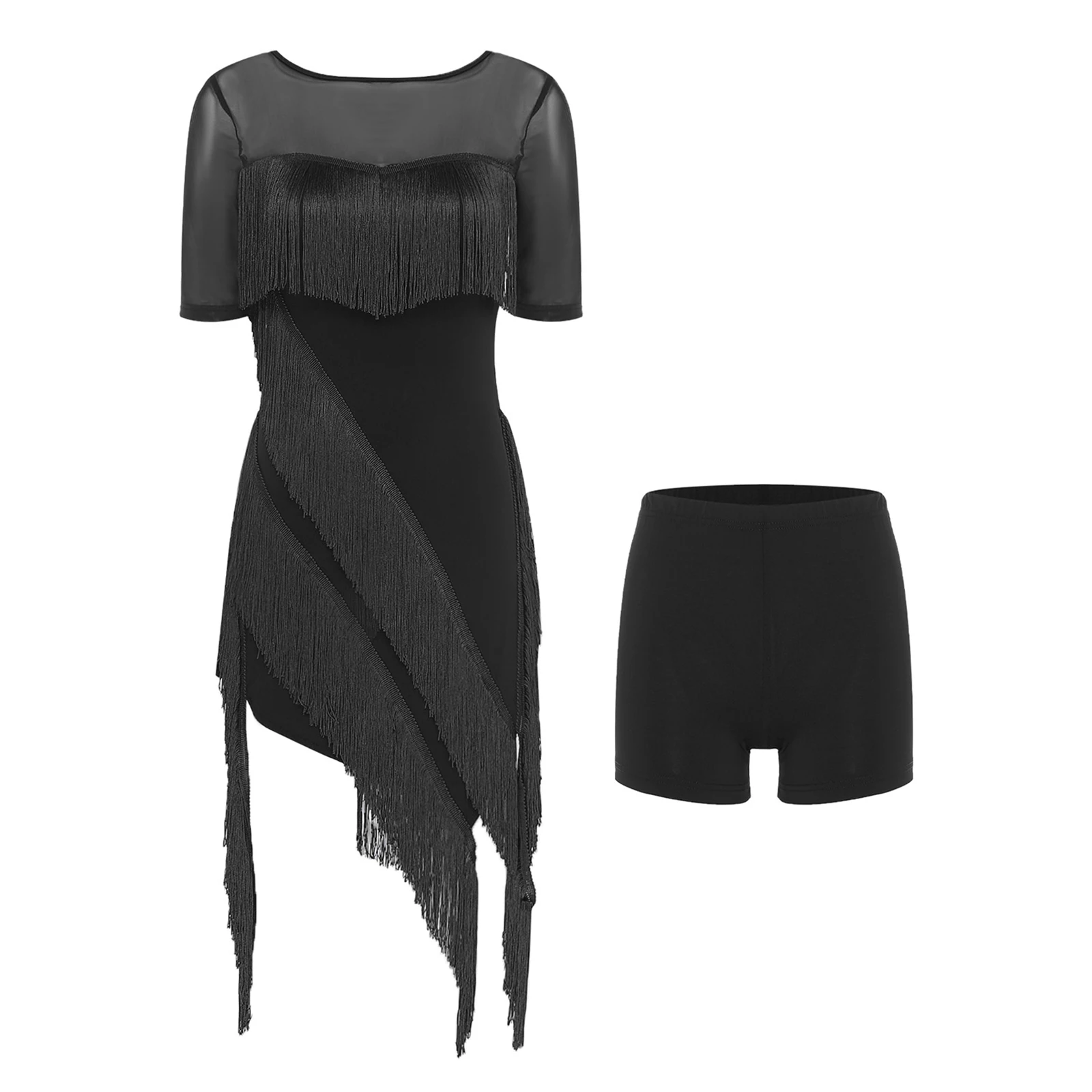 Dames Tango Latin Dancewear Kwastje Onregelmatige zoom Korte mouw Tango Salsa-jurk met veiligheidsshorts Set voor Jazz Modern Dance