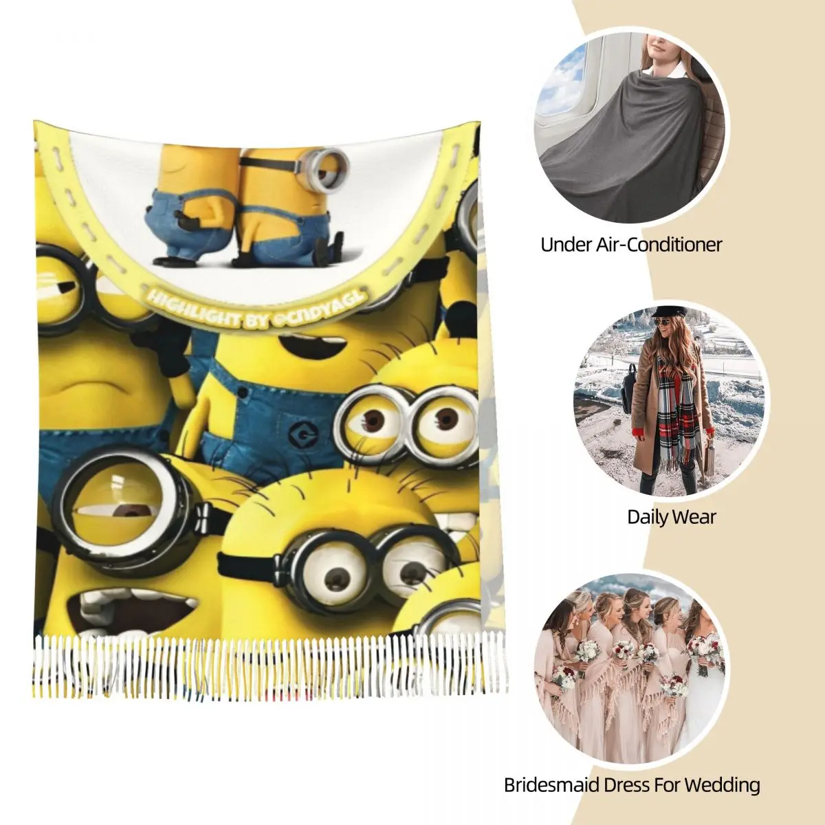 Lenço feminino com borla kawaii Despicable Me Minions longo super macio xale e envoltório bonito desenho animado uso diário cachecol de caxemira