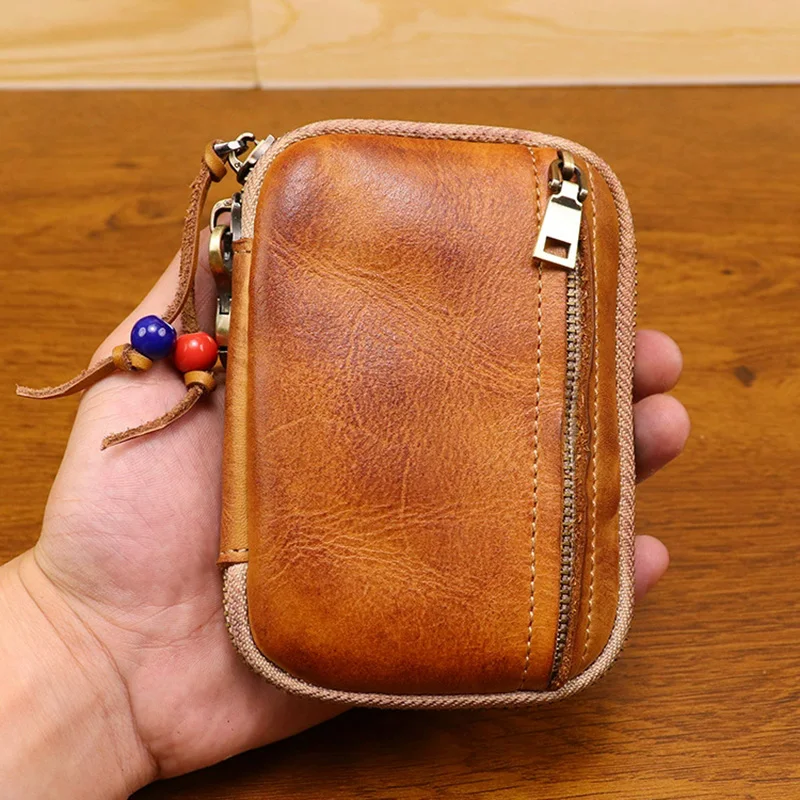 

Retro Genuine Leather KEY&CARD CASE Outdoor Portable Key Wallet Multiple Keychains Belt Bag Card Holder Purse With Carabiner