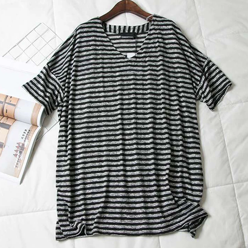 Plus Size 8XL 150kg T Shirt Women Striped Punk T-shirt O-Neck Casual Harajuku Short Sleeve Korean Shirt Camiseta Feminina Top