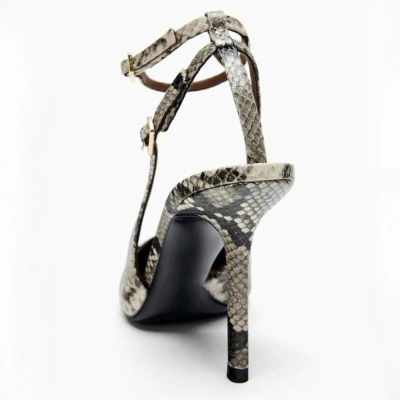 Zapatos de tacón sexis con punta estrecha para mujer, sandalias con correa en el tobillo, diseño de serpiente, zapatos elegantes de oficina, zapatos de fiesta, tacones altos de marca a la moda para mujer