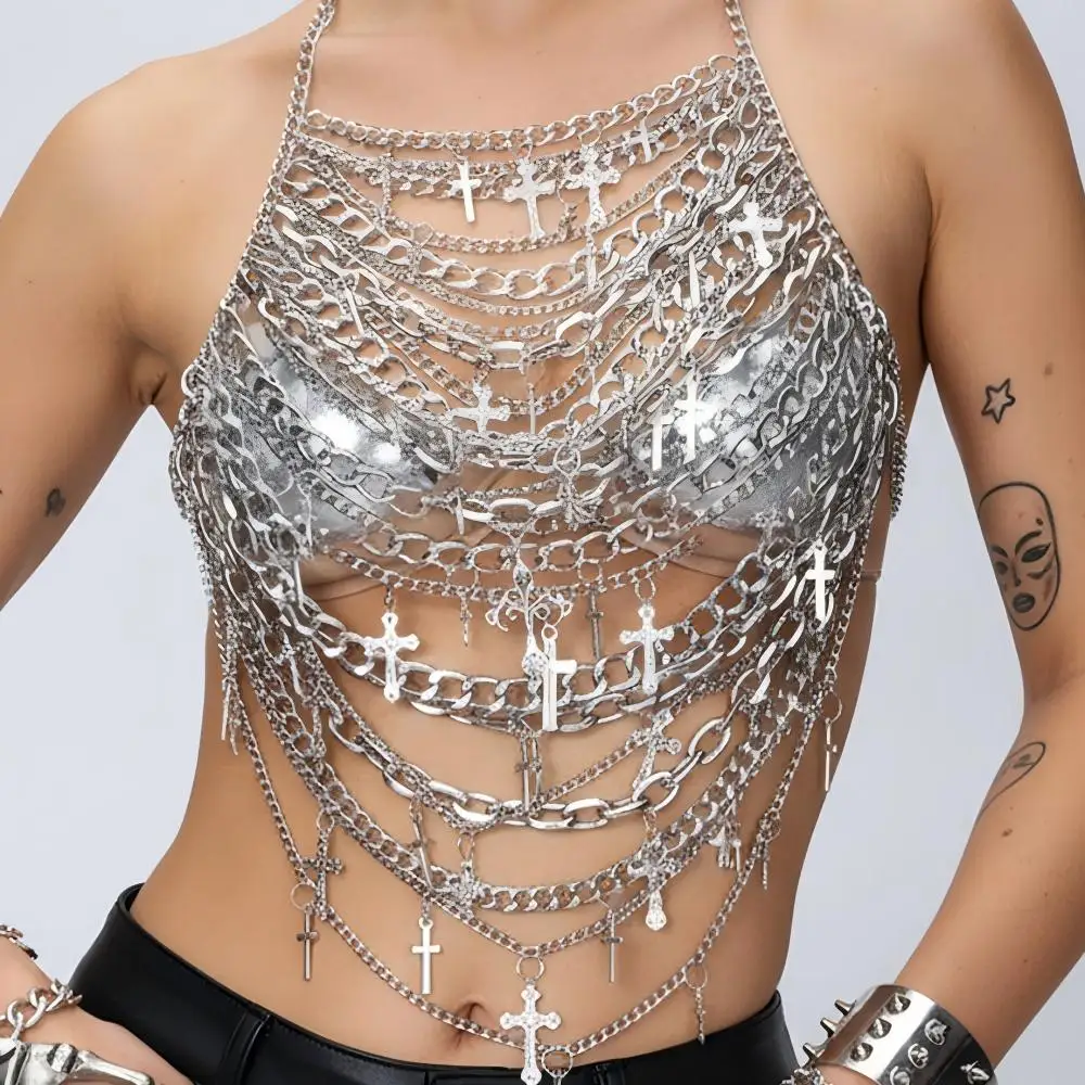 Women's Silver Chainmail Top Punk Rock Chain Clothes ALT Goth Y2K Grunge Cyber Emo 90s Cyberpunk Gothic Cybercore Tank for Teens
