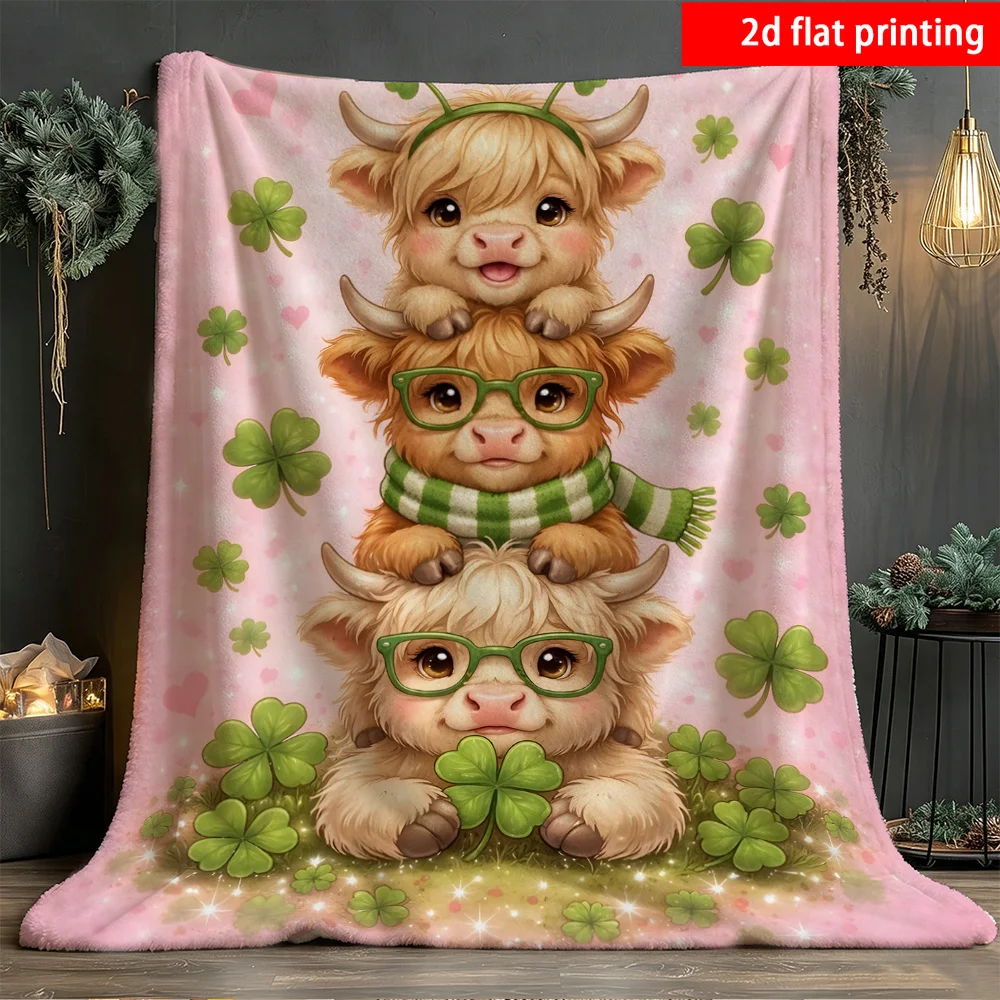 Pink Base St Patricks Stacked Highland Cow Flannel Blanket Warm Cozy Fleece Bed Cover For Bedroom Sofa Decoration