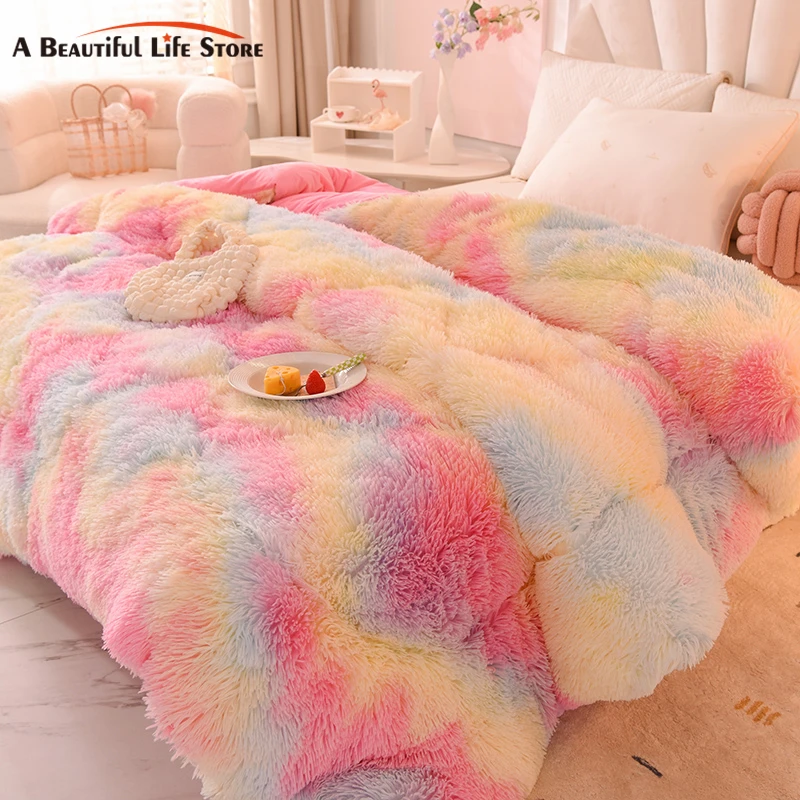 

Plush Mink Fleece Flannel Patchwork Winter Soft Thick Quilt Crystal Velvet Gradient Fluffy Warm Quilting Comforters Bedclothes