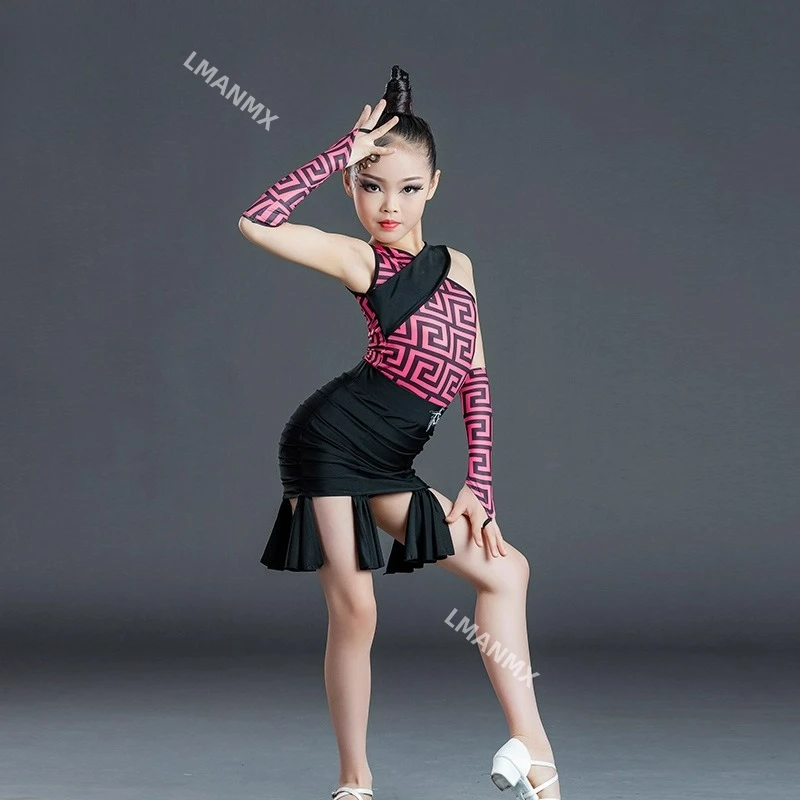 

Новый детский костюм для латинских танцев, профессиональный тренировочный костюм, комплект без рукавов с наклонными плечами, костюм для выступлений