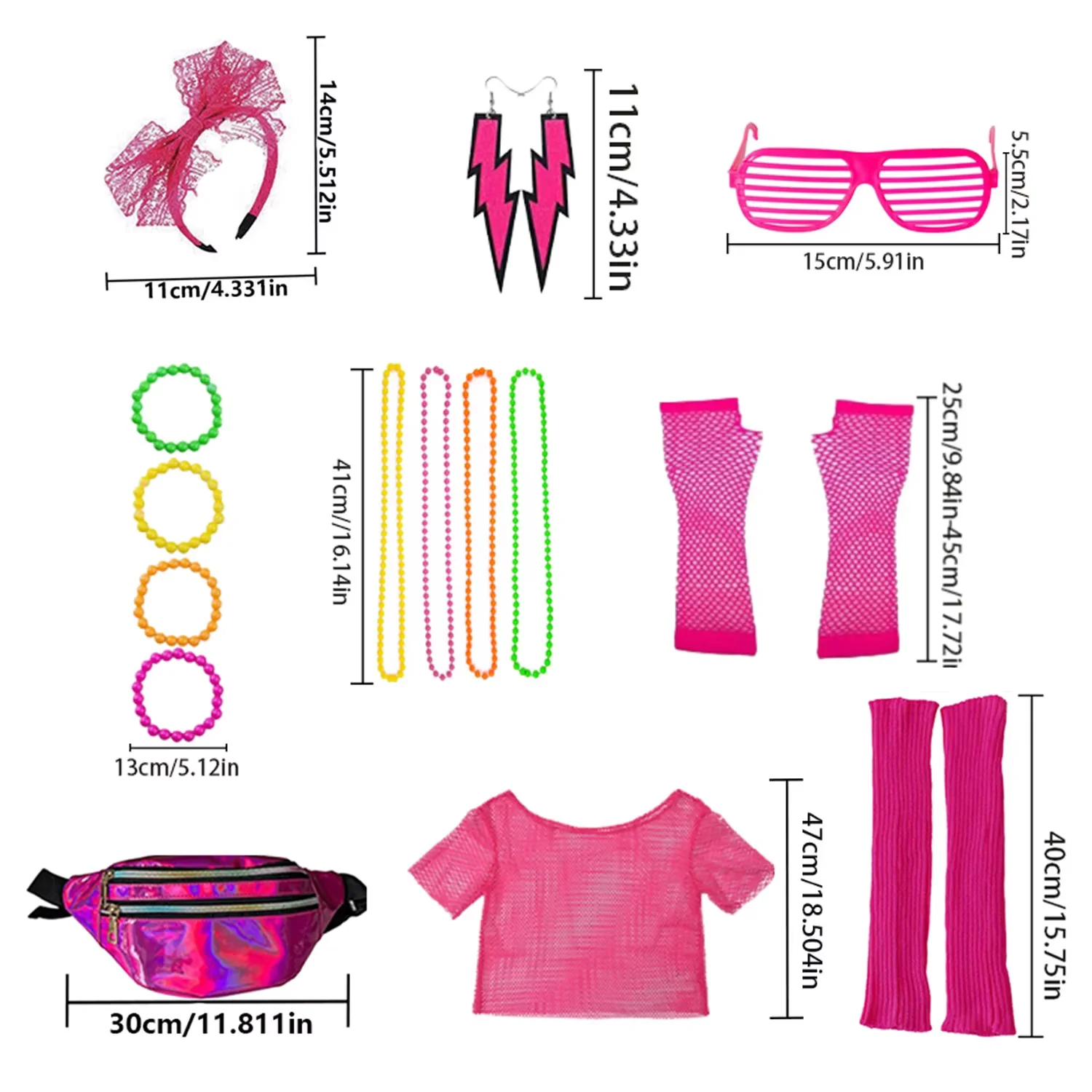 PESENAR 女性用ドレスアップアクセサリー 80年代風ドレスアップイヤリング ウエストバッグ 半袖ヘアフープ 膝パッドなど9点セット
