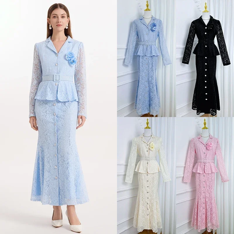 3D Flower Embroidered Lace Formal Evening Dresses Women Hollow Out Belted Long Sleeve Fake Two-piece  Mermaid Dress Vestidos