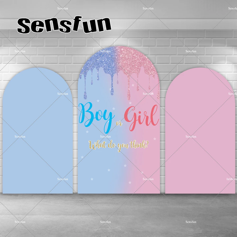 

Boy or Girl Gender Reveal Party Arch Backdrop Cover Blue Pink Glitter Slime Chiara Wall Background Cake Dessert Table Banner