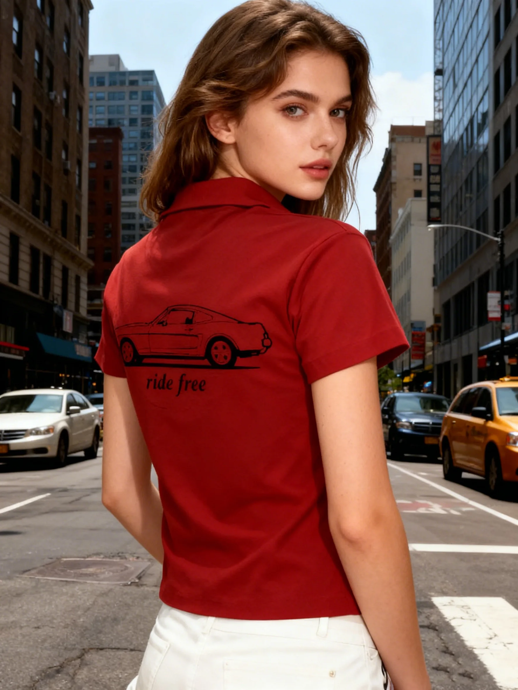 Women's Red Polo T-Shirt -Front Star Arrow &Back Car Graphic, Short Sleeve Polo Collar Slim Fit Vintage Streetwear Spring Summer