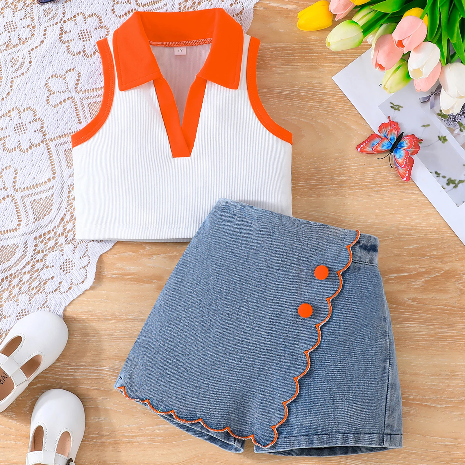 2-7Y Little Girl Summer Clothes Set Contrast Color Lapel V-Neck Tank Tops  Denim Skorts 2 Pcs Children's Sets 2025