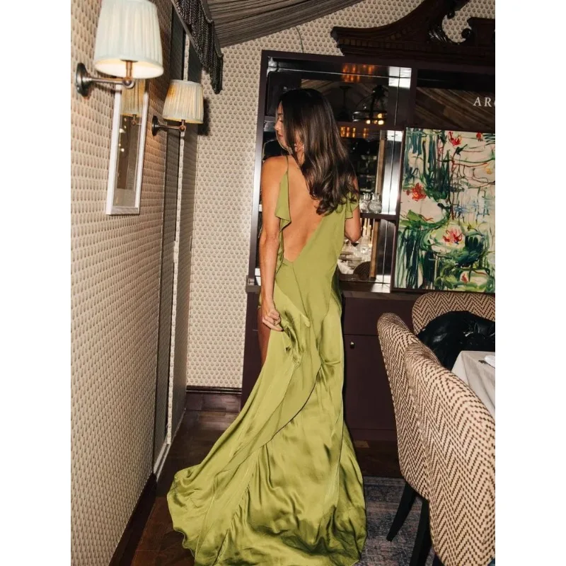

Elegant Green Satin Ruffles Sling Long Dress Women Sexy Backless Sleeveless Split Slim Dresses Lady New Party Club Vestidos