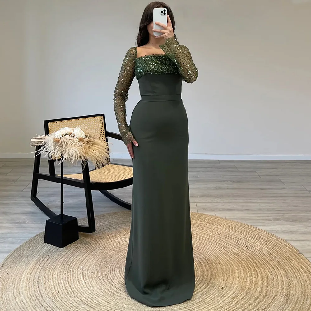 Einfaches Abendkleid, maßgeschneidert, quadratischer Ausschnitt, volle Ärmel, Pailletten, Reißverschluss hinten, geteilte Partykleider فسات musica