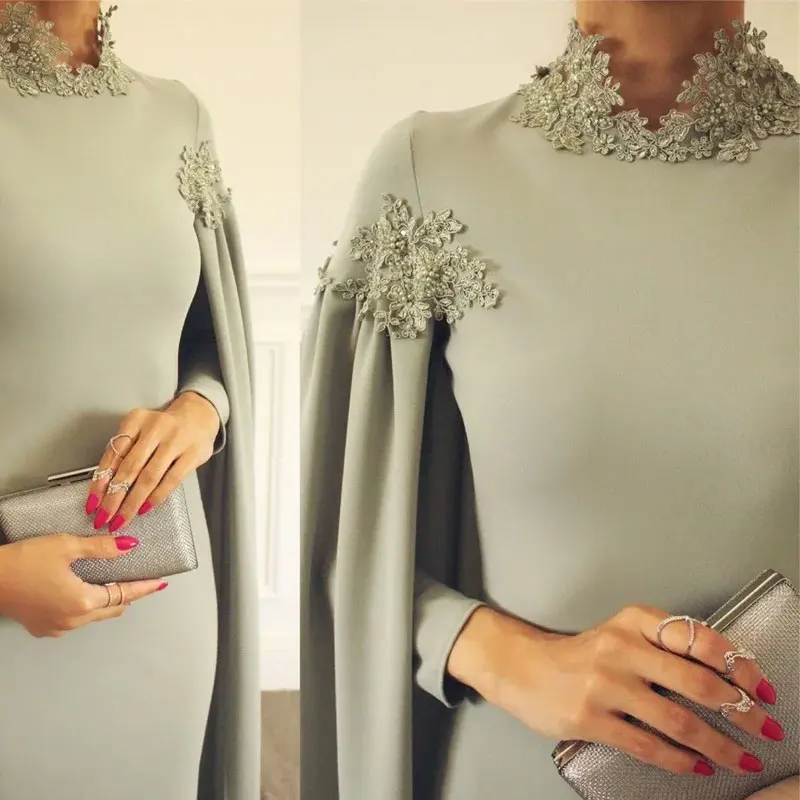 사우디 하이넥 새틴 여성 무슬림 이브닝 드레스, 무도회 가운, 구슬 장식 우아한 긴 소매, 포멀 이브닝 가운