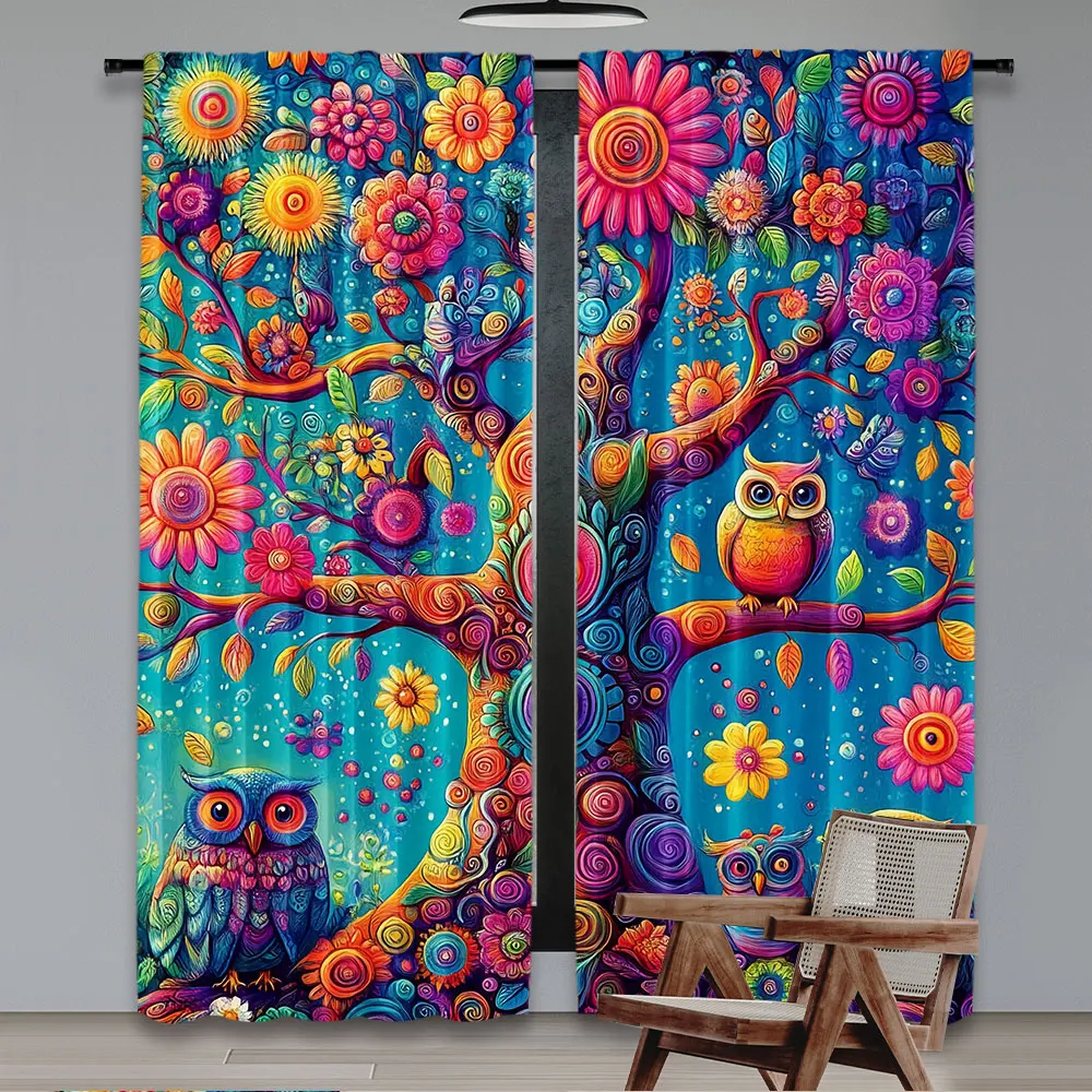 2Pcs Colorful Curtain Oriental Floral Atmosphere Tree With Jumbling Vines And Owls Suitable For Bedroom Bathroom Dining Room