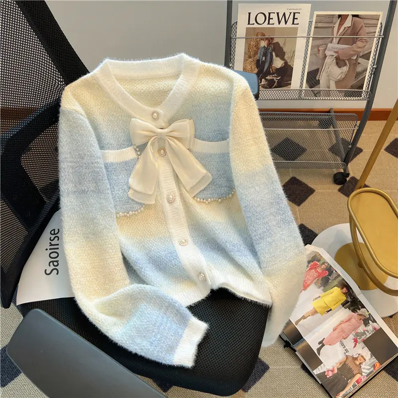 

Новинка 2026, кардиган с узлом-бабочкой и бантом для ногтей, бусинами, пальто, вязаный кардиган с градуиваемым изменением цвета, свитер, женские осенние джемперы