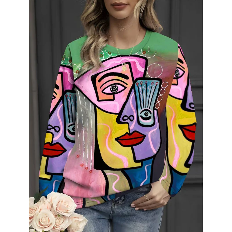

Autumn and Winter Women's Hot-Selling Gradient Abstract Painting Print Round Neck Pullover Sweatshirt Casual Top