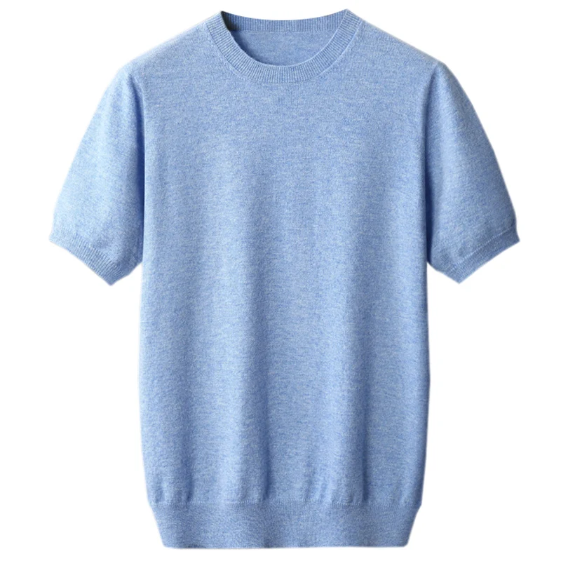 Spring and autumn new 100% pure wool sweater T-shirt men's round neck short sleeve pullover loose knitted cashmere solid color s