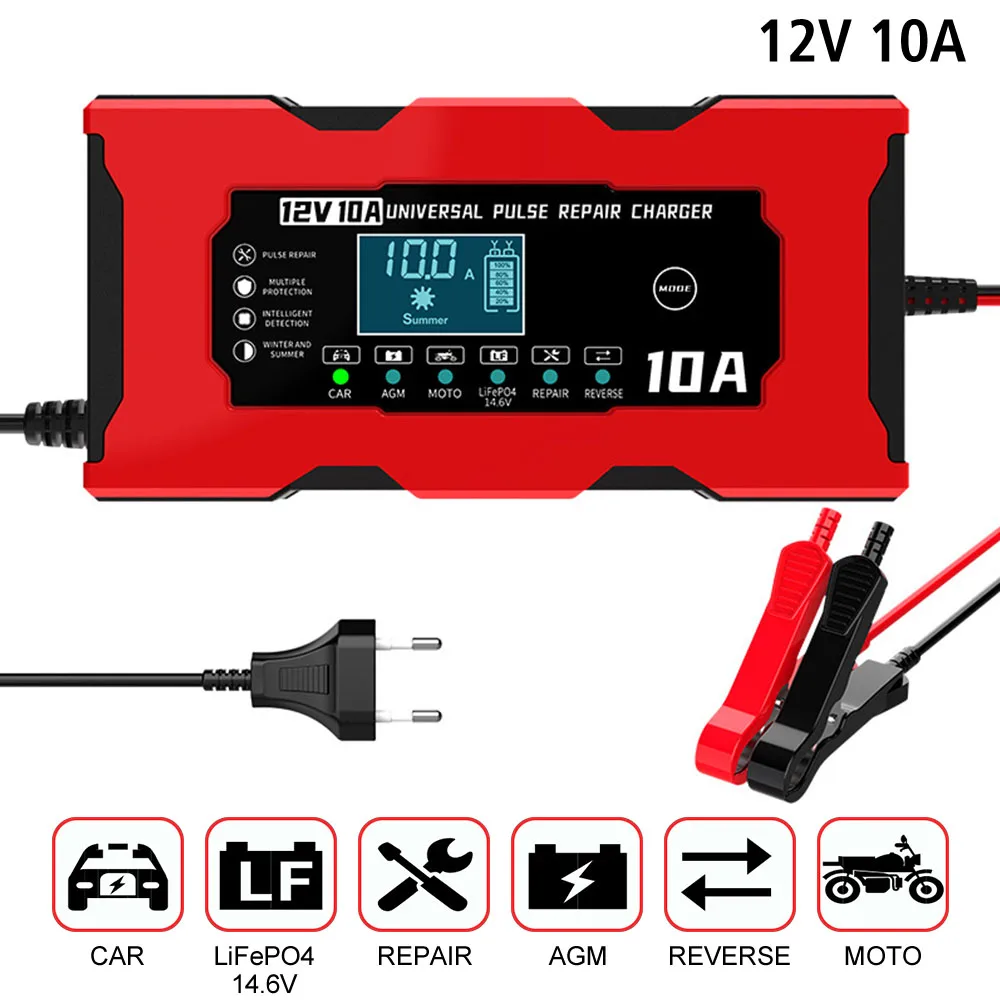 Car Battery Charger Pulse Repair Digital LCD Display Smart Battery Charging 12V 10A 14.6V 10A Iron Lithium Charger EU/US Plug