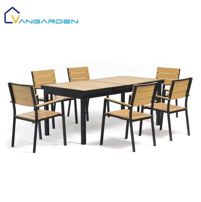 

Outdoor Retractable Premium Dining Table Chair Set Stackable Plastic Wood UV-Resistant Waterproof Aluminum Frame Courtyard
