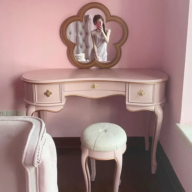 

American-Style Solid Wood Makeup Table Bedroom Makeup Cabinet Pink Light Luxury Dressing Table 2021 New