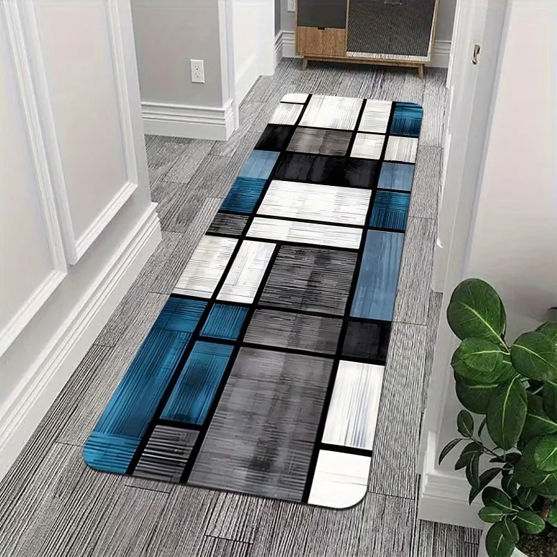 Blue White Black Block Patchwork Modern Abstract Runner Rug for Corridor Geometric Design Carpet Floor Mat Piece