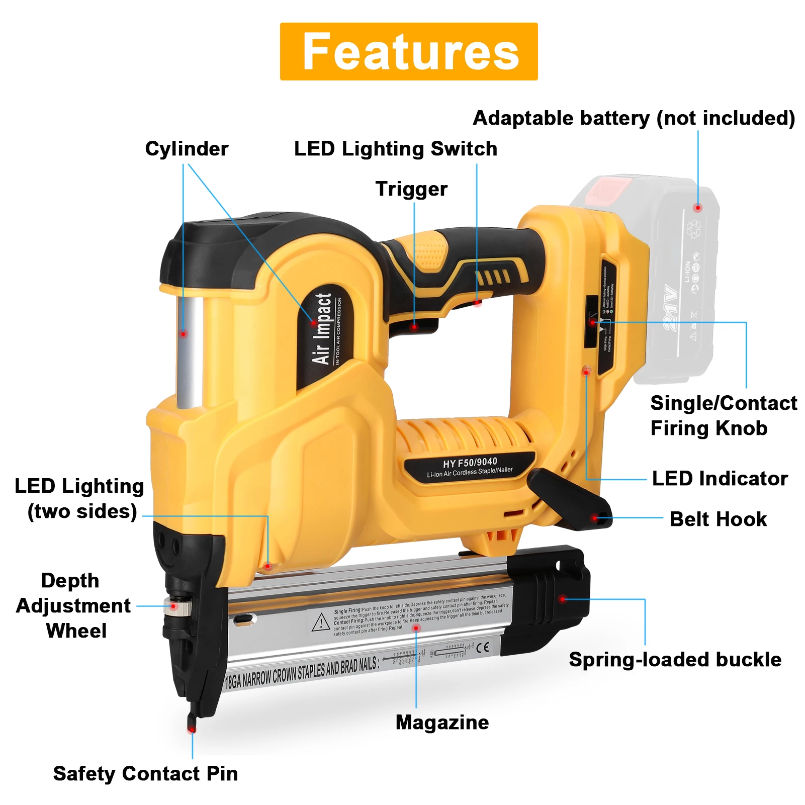 Wireless Cordless Nailing Machine Electric Stapler Woodworking Nailer with 200pcs 32mm and 200pcs 50mm Nails Power Tool