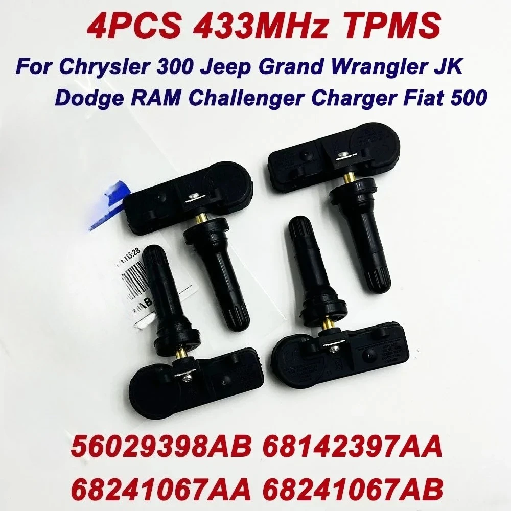

4 шт. датчиков давления в шинах TPMS 433 МГц 56029398AB для Jeep Wrangler Grand Cherokee Charger Dodge 68142397AA 68241067AA 68241067AB