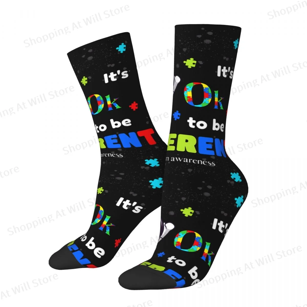 It's OKay To Be Different Autism Awareness Space Astronaut Kids Men Women Round neck Socks Novelty Four Seasons Stockings