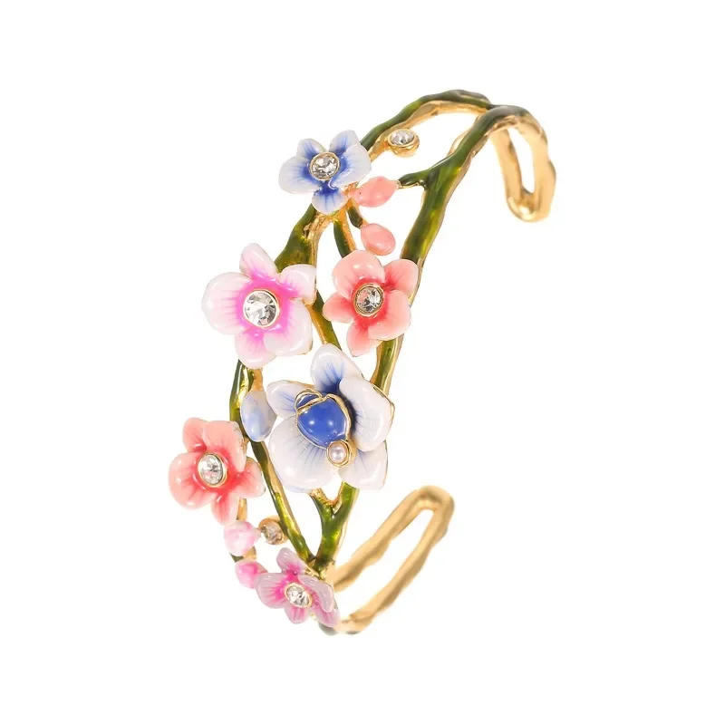 

New Boho Highend Sense Fashionable Handmade Enamel Multicolor Cutout Open Bangle French Atmospheric Flower Hand Jewelry Bracelet