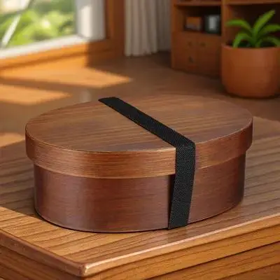 

Wooden Japanese Style Reusable Lunch Container Sushi Storage Retro with Elastic Bands Round Edge Food-Grade for Daily