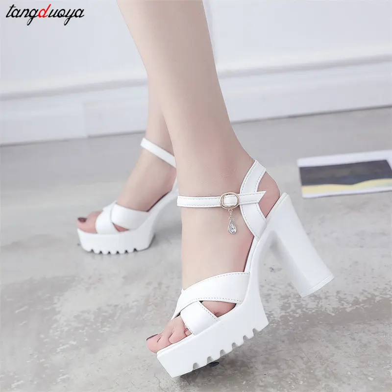 Brand Elegant Summer Women‘s Sandals Platform Chunky High Heels Fashion Peep Toe Sandals Women Classic white Party dress pumps