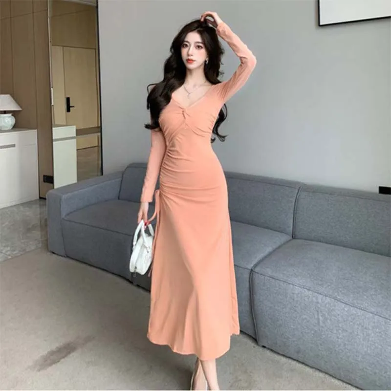 Elegant Square Collar Knot Slim Long Sleeve Dress Women's Autumn New Drawstring Pleated Waist Cinching Slim Long Dress