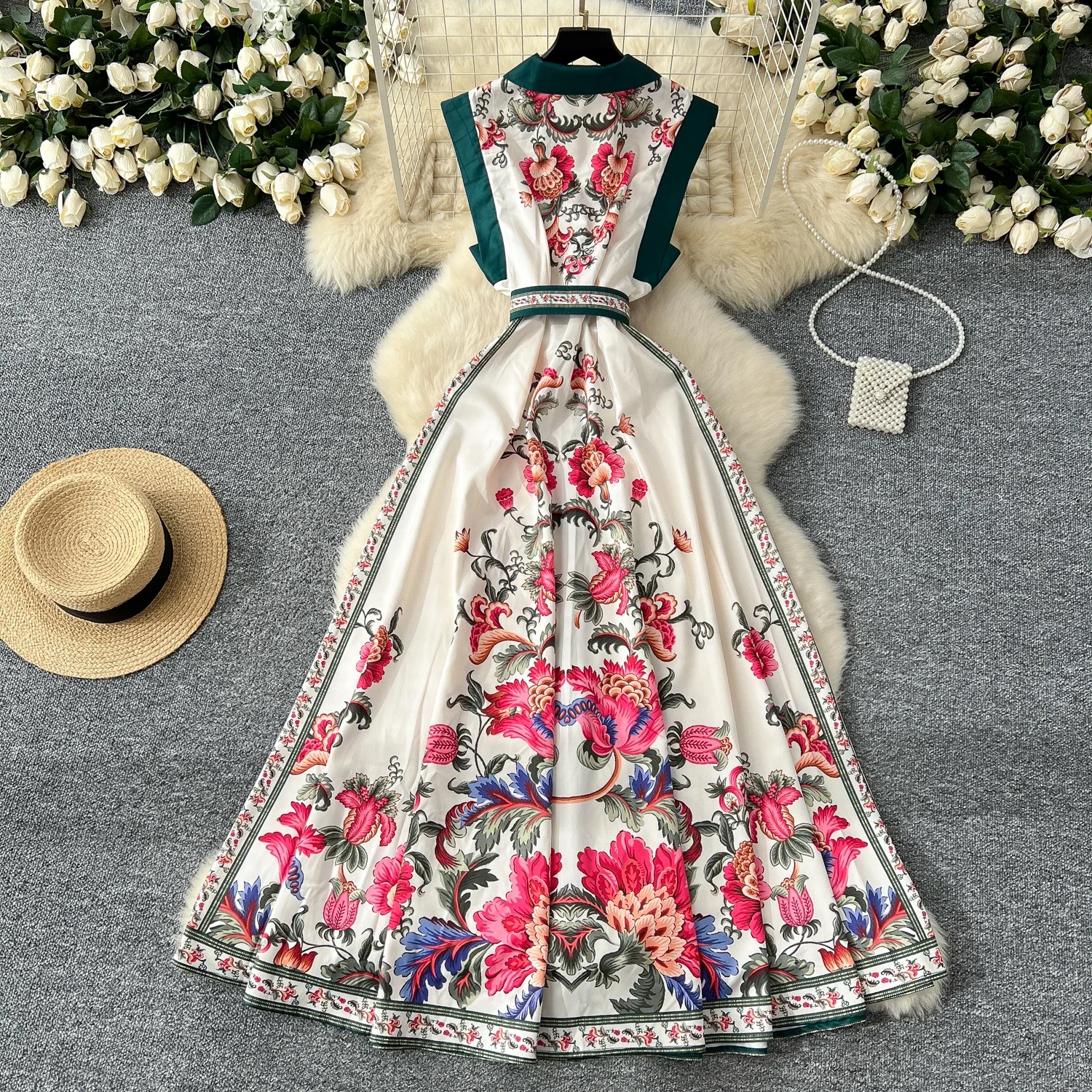 Elegant Print Single Breasted Sashes Vintage Notched Collar Sleeveless Slim Long Dresses Fashion Evening High Street Clothing