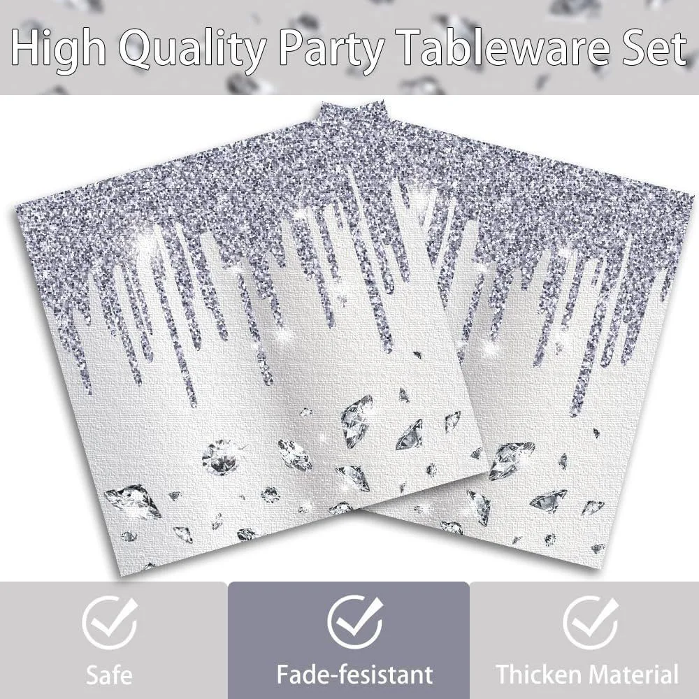 Silber-Glitzer Einweg-Geschirrset Luxuriöse Diamant-Pappteller Becher Servietten Tischdecke Hochzeit Brautparty Partyzubehör – Detail 7