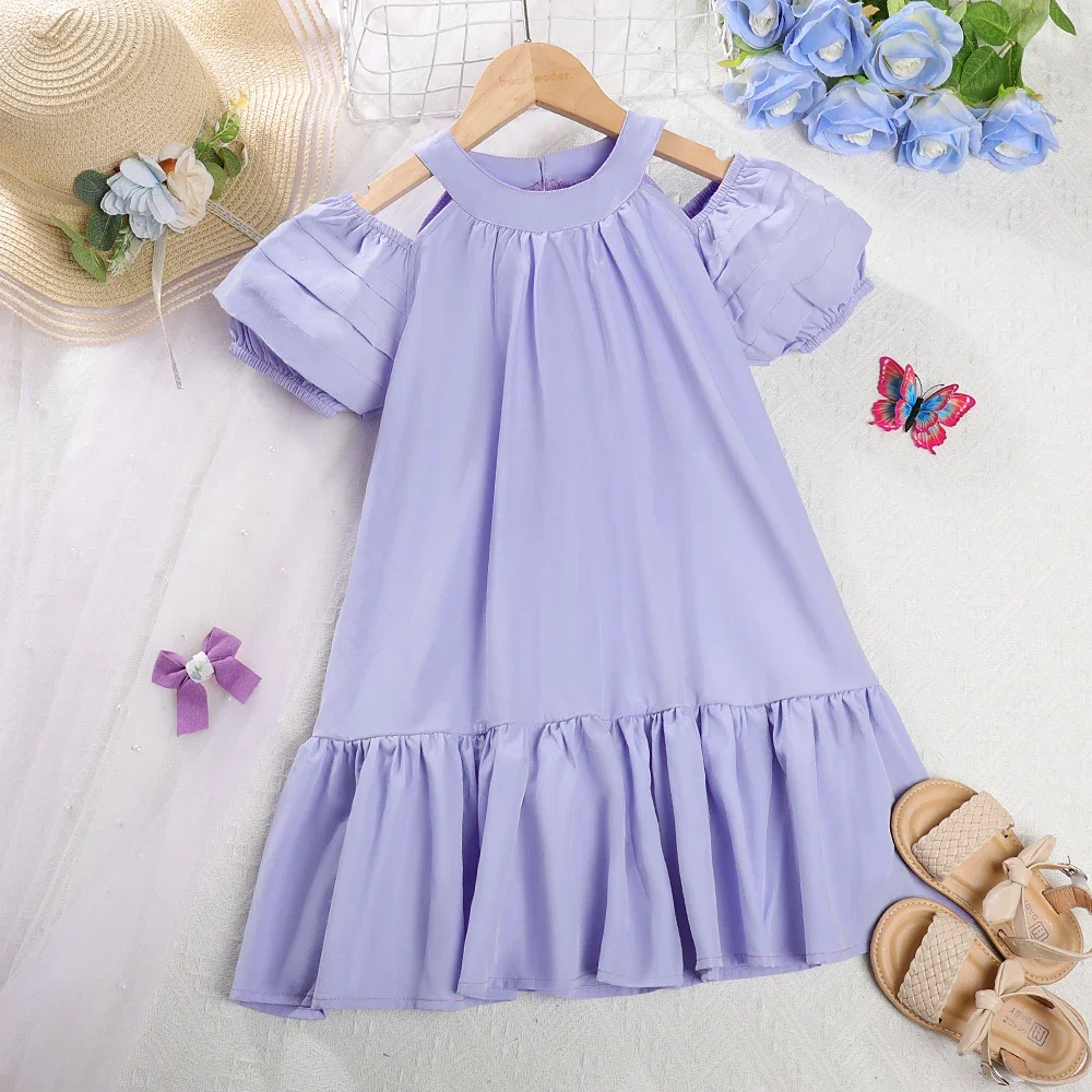 Bear Leader Summer Dress New Girls Korean Edition Bubble Sleeve Hollow Solid Cotton Ruffle Dress Children's Casual Fashion Dress