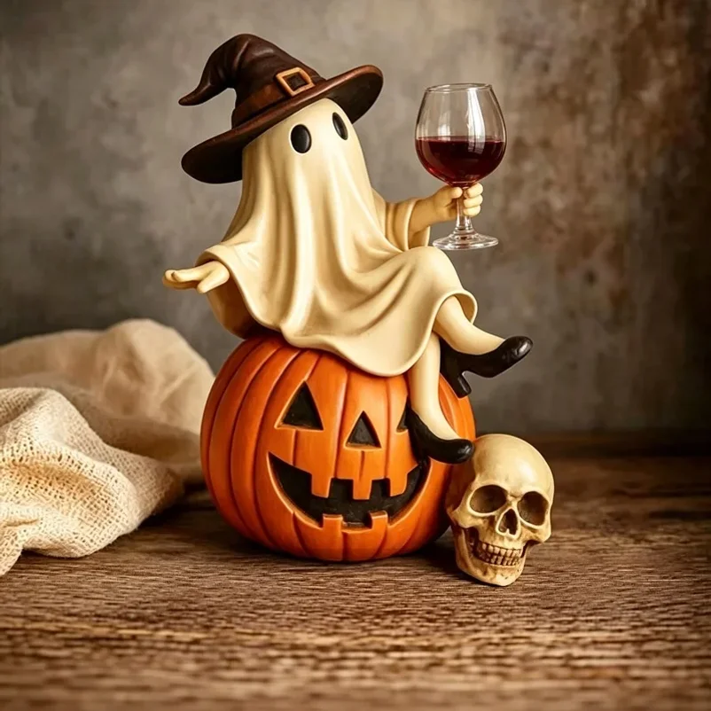 Resin Ornament Tipsy Ghost Statue With Witch Hat Sitting On Pumpkin Holding Wine Glass Halloween Desktop Decor Figurine